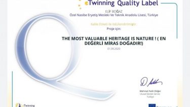 En Değerli Miras Doğadır eTwinning Projesi Ulusal Kalite Etiketi Ödülü